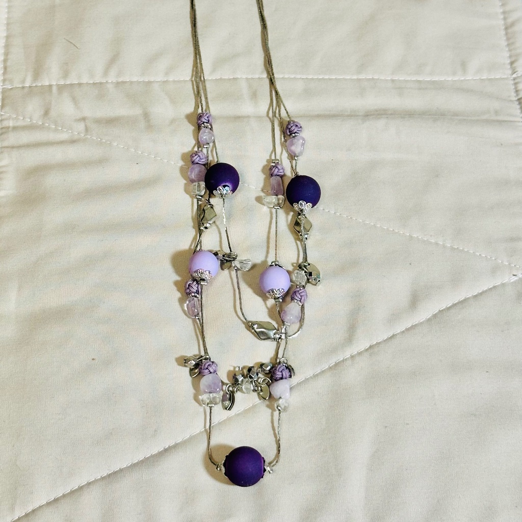 2/$20 Silver Tone 3 Strand Necklace W/Purple Beads Amethyst & Millerite